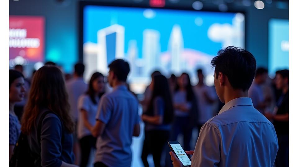 Diverse group of professionals networking at a tech event in Singapore, with iconic city skyline in the background