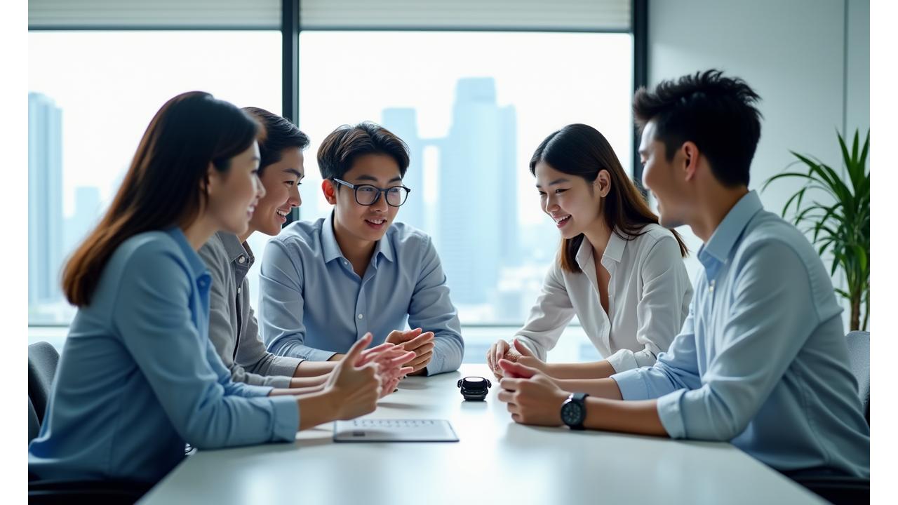 Diverse team of Singapore Smartwatch experts collaborating on cutting-edge wearable technology in a modern, minimalist office space