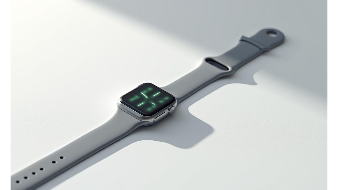 Minimalist smartwatch elegantly displayed on a clean wooden surface with geometric shadow play, embodying modern design principles