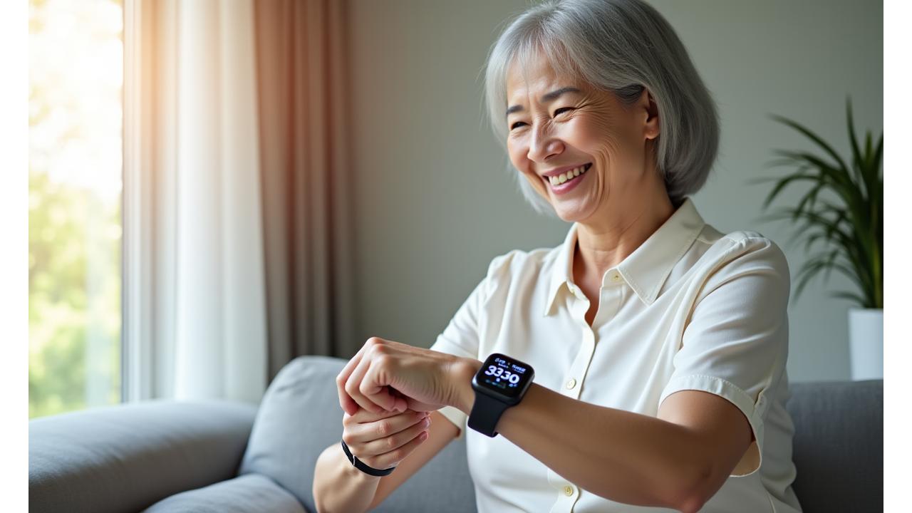 Smiling senior woman confidently using an accessible smartwatch with large, clear interface elements showing a wellness metric.