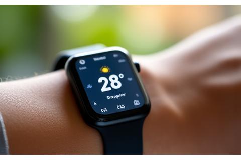 A smartwatch showing a simple, clear weather forecast for Singapore.