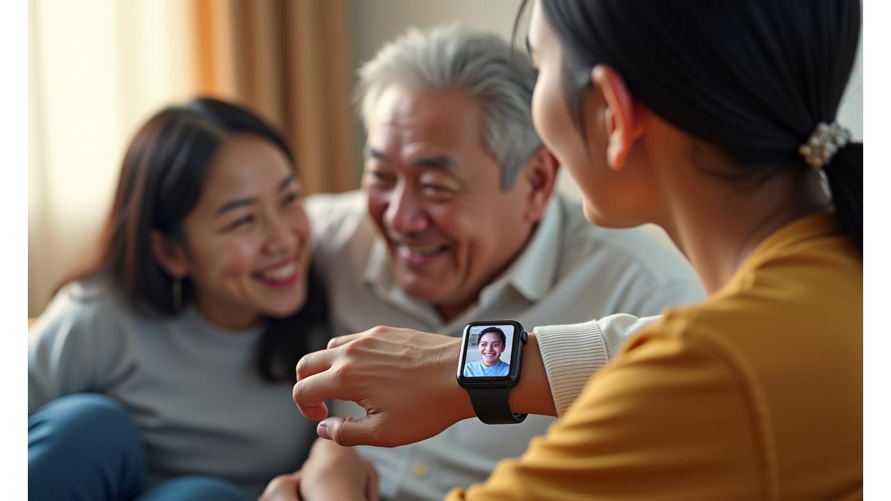 Multi-generational family video calling on a smartwatch, with a clear, happy interface.
