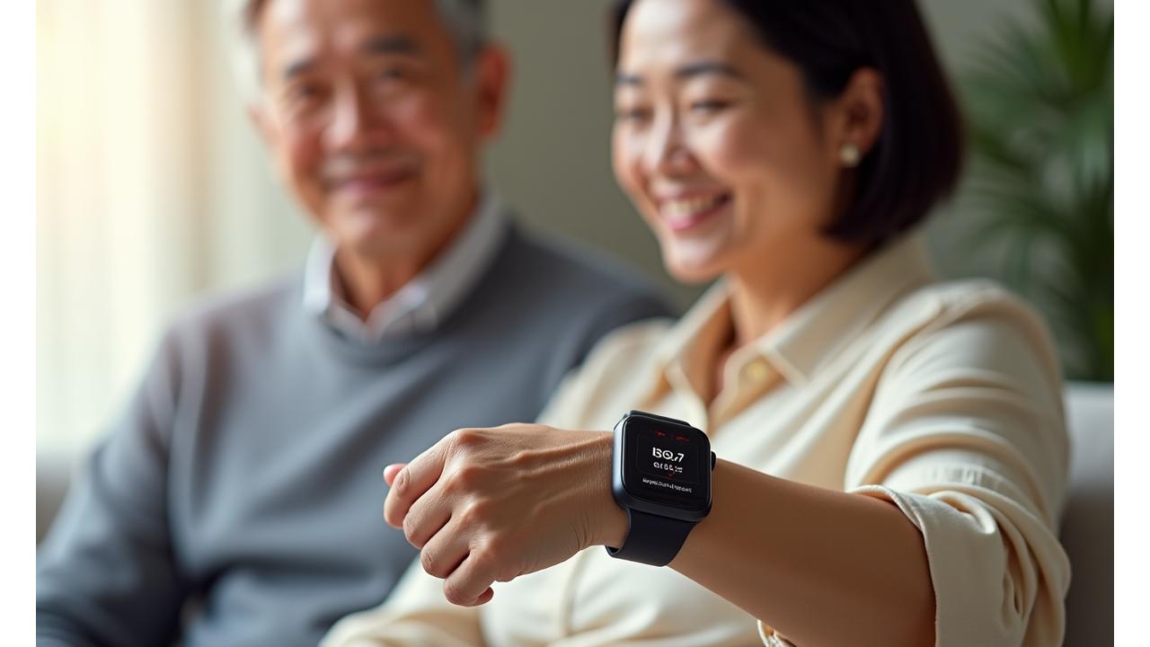 A seniors hand with a smartwatch displaying heart rate and a map, with family members in the background looking reassuringly.