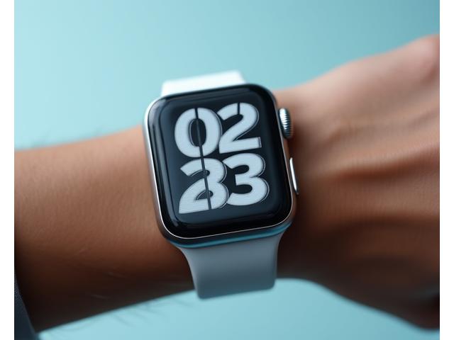 Close-up of a smartwatch display showing large, high-contrast numbers and icons.