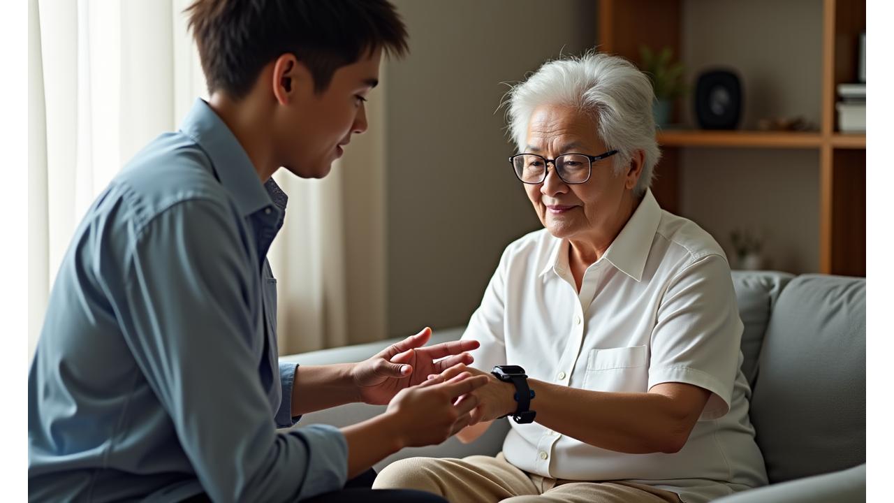 Professional and caring Singaporean support specialist assisting a senior with their smartwatch setup in a comfortable home environment.