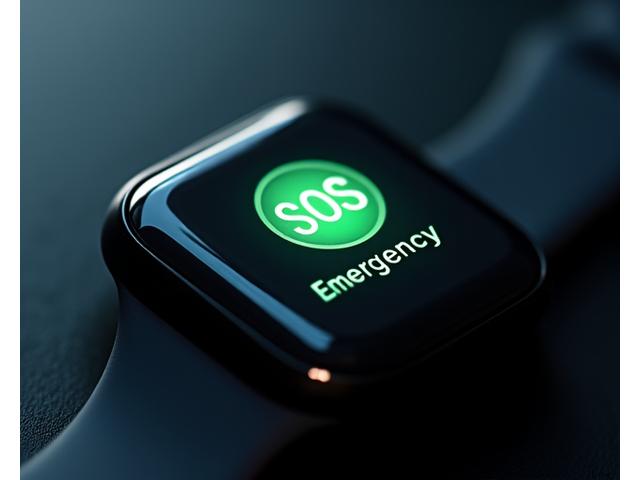 A smartwatch screen displaying a bold 'SOS' button, illuminated with vibrant colors.