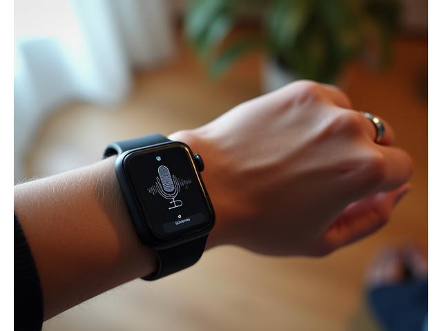 A hand gestures naturally while a smartwatch on the wrist displays a voice command interface.
