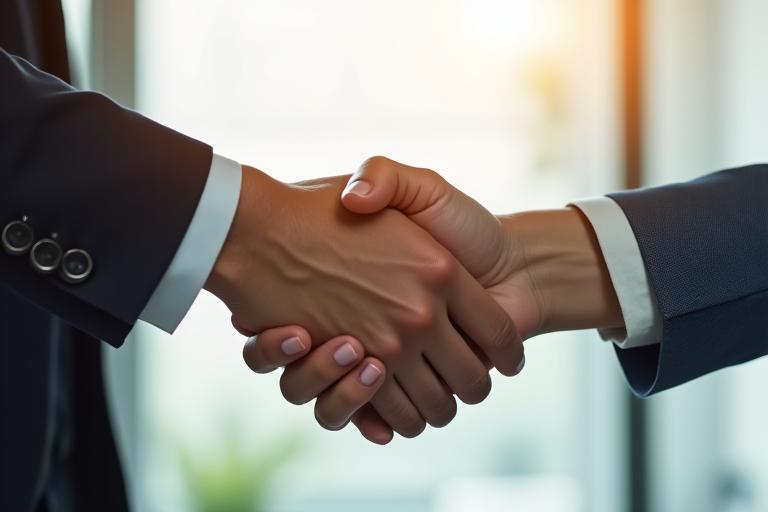 Two hands shaking in a minimalist, light-filled office setting, symbolizing trust and commitment
