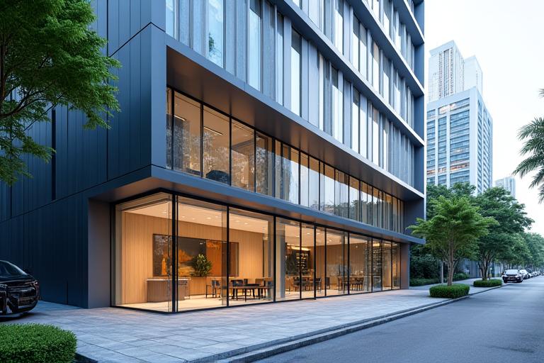 Modern, sleek showroom entrance in Singapore with clean lines and large windows, reflecting urban architecture