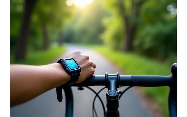 Cyclist on a scenic Singapore park connector, lush greenery, smartwatch on handlebars