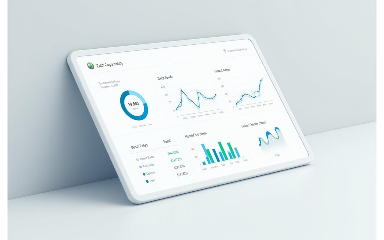 Clean, modern digital dashboard displaying health data: heart rate trends, sleep scores, activity charts, and stress levels on a tablet interface.