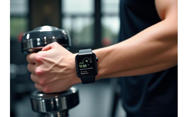 Person using dumbbells in a clean, modern gym, smartwatch visible on wrist