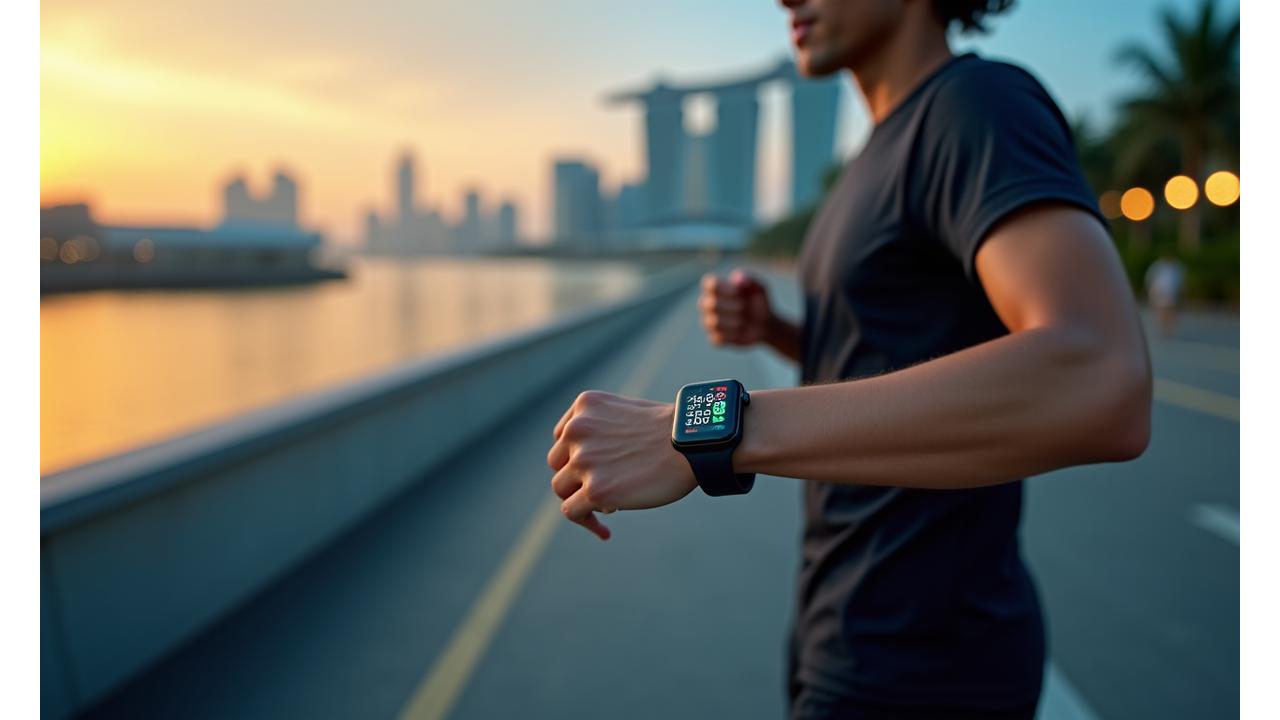 Person running along Marina Bay Sands waterfront in Singapore with a modern smartwatch displaying vibrant health metrics like heart rate zones and calorie burn