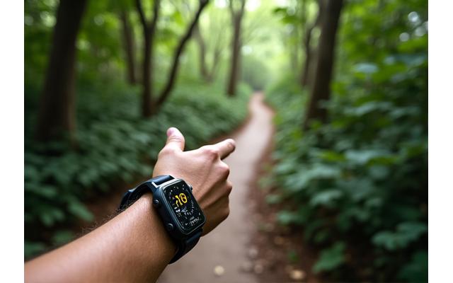 Hiker on a lush nature trail in Singapore, smartwatch prominent, dynamic view