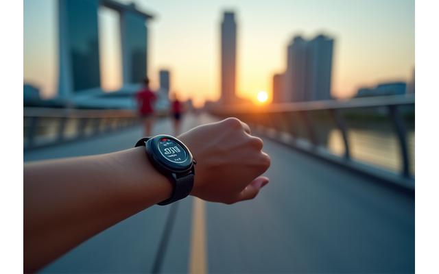 Runner on a bridge overlooking Singapore city skyline at dawn, smartwatch prominent