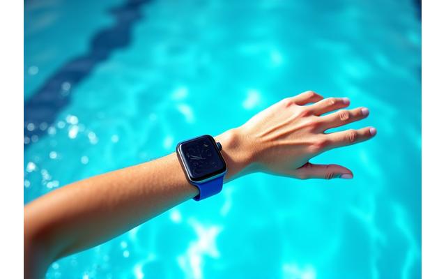Person swimming laps in a clear pool, clear water, smartwatch visible on wrist