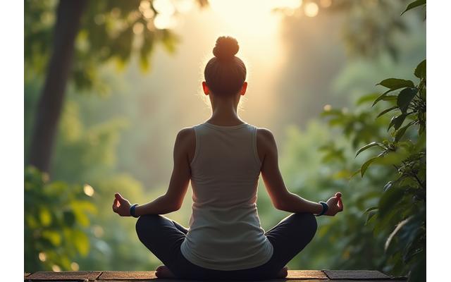 Person in a peaceful yoga pose outdoors in a Singapore garden, smartwatch on wrist
