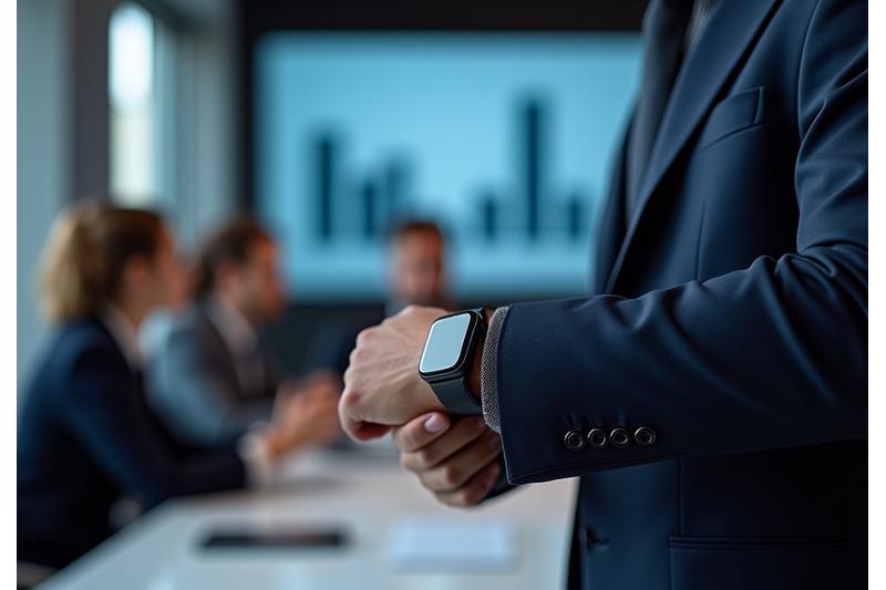 A professional wearing a minimalist smartwatch during a high-stakes business meeting with colleagues in a sleek boardroom setting in Singapore