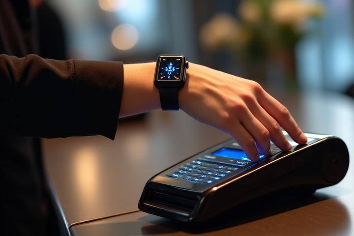 A hand with a premium smartwatch hovering over a payment terminal at a high-end cafe in Singapore, showing a successful transaction