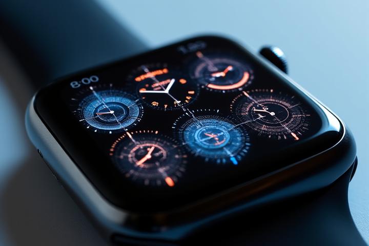 A collection of elegant and minimalist watch faces displayed on a smartwatch screen, showcasing diverse luxury aesthetics
