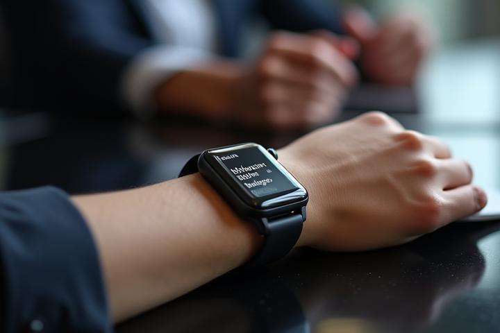 A close-up of a smartwatch subtly displaying a calendar notification, with a blurred professional meeting in the background