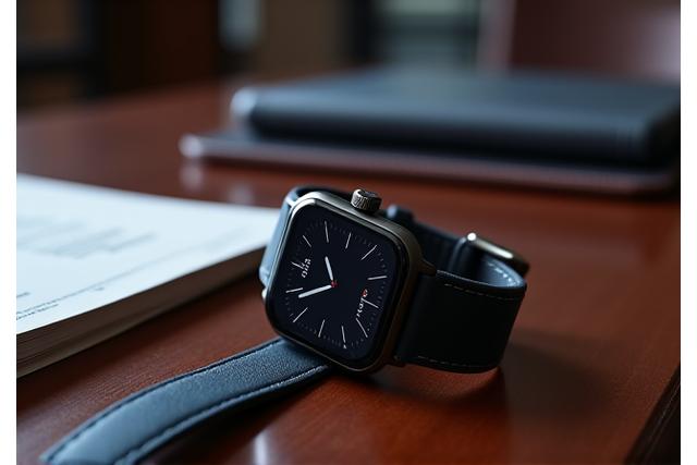 A particularly minimalist and elegant smartwatch suitable for business wear, perhaps on a a wrist resting on a polished boardroom table with subtle documents in the background