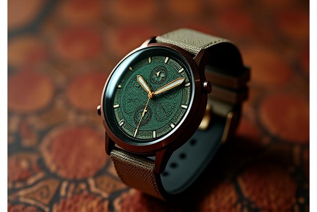 A smartwatch from the Heritage Series, with subtle traditional design elements or patterns, alongside a blurred backdrop of Singapore's historic shophouses or cultural motifs