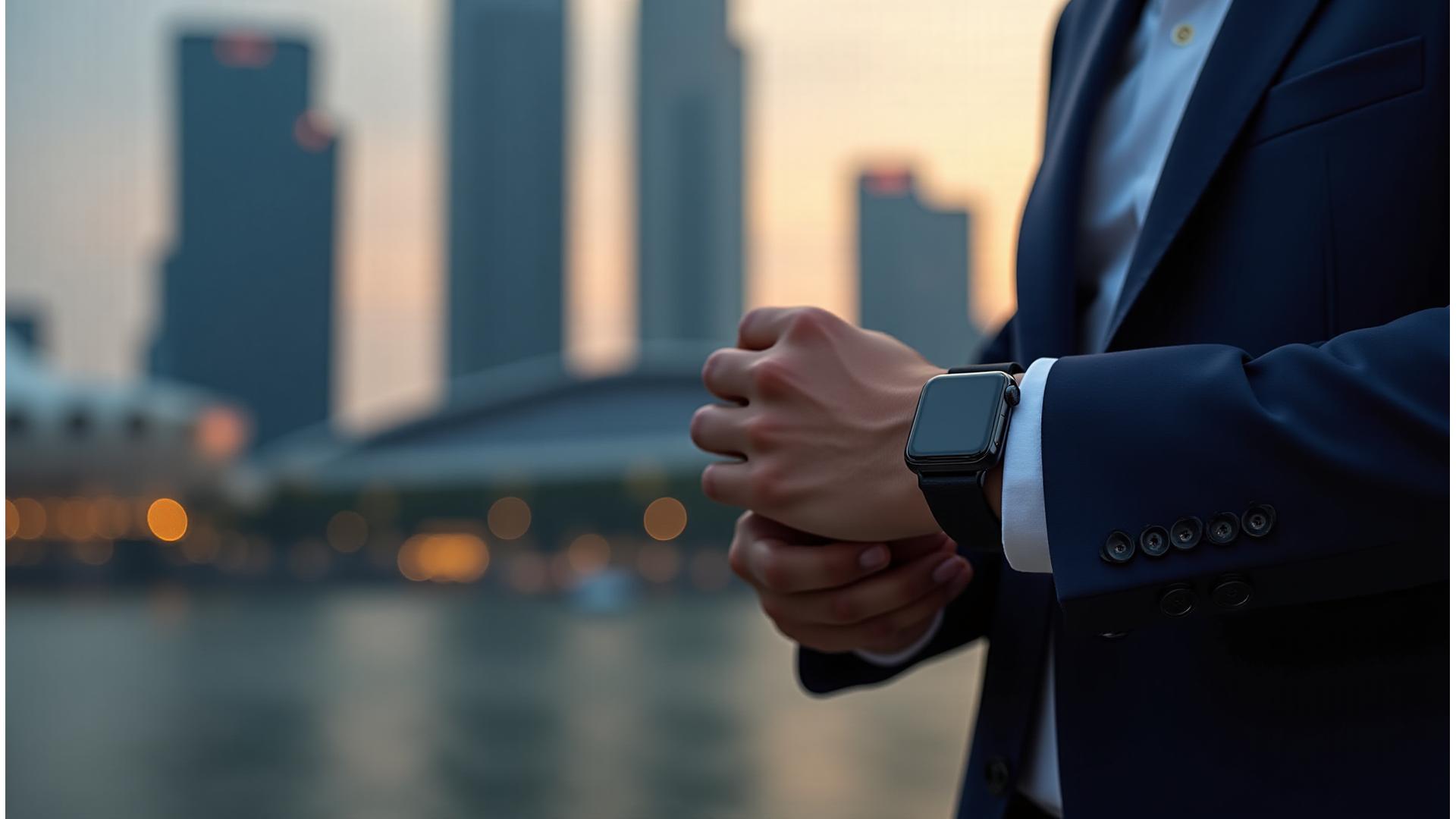 Premium minimalist smartwatch on a discerning professional's wrist with a blurred Singapore skyline at dusk