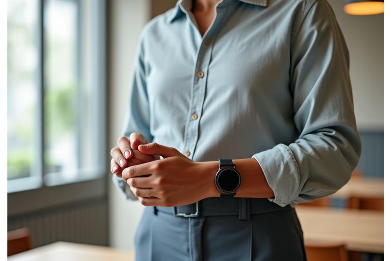 A stylish person enjoying a leisurely weekend activity, like art gallery browsing or cafe visit, wearing a minimalist smartwatch