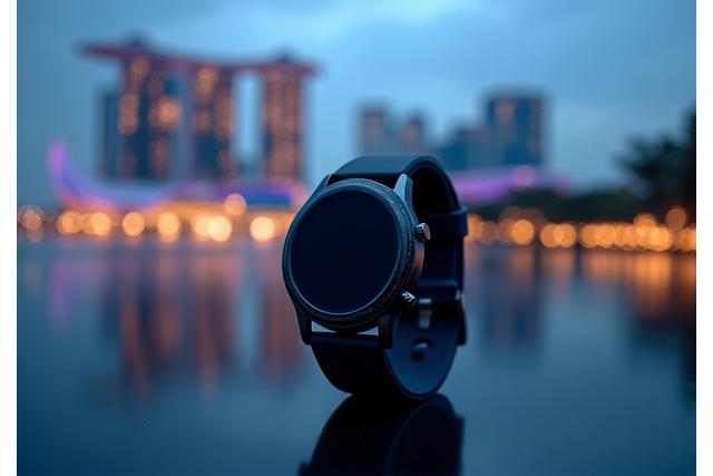 A sleek smartwatch from the Marina Bay Collection, featuring minimalist design with subtle architectural lines, set against a blurred image of the Marina Bay Sands skyline