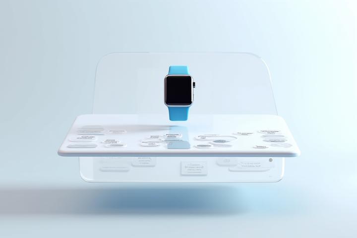 A digital interface showing various customizable elements of a smartwatch, including watch faces and strap options, reflecting a luxury aesthetic