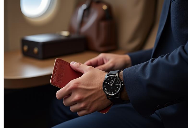 A person checking their premium smartwatch discreetly in a first-class airplane cabin or airport lounge, with a travel bag nearby