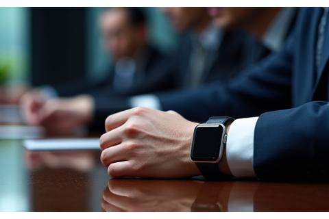 Executive observing a minimalist smartwatch during a board meeting, displaying discrete notifications.