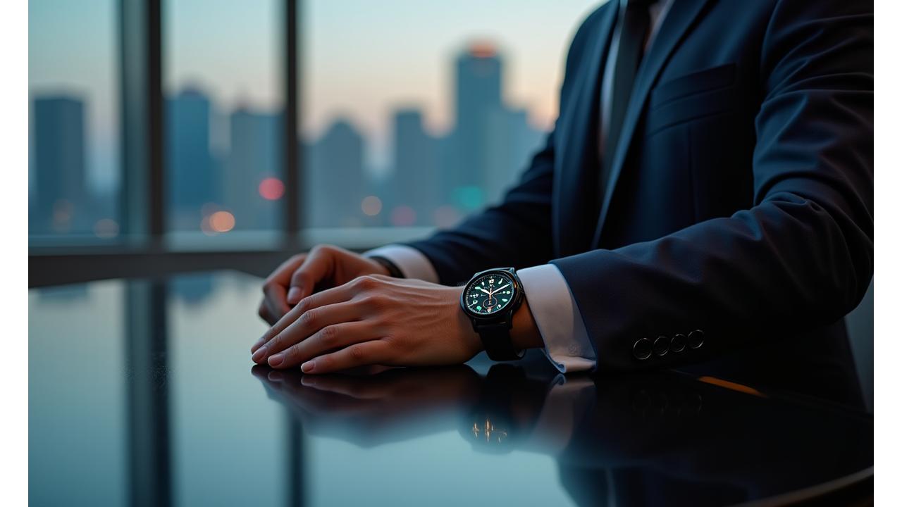 Sleek minimalist smartwatch on a professional's wrist in a modern Singapore boardroom, reflecting quiet authority.