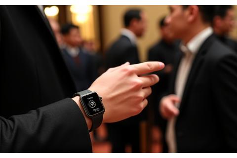 Executive casually interacting at a networking event, discreetly managing contacts on their smartwatch.