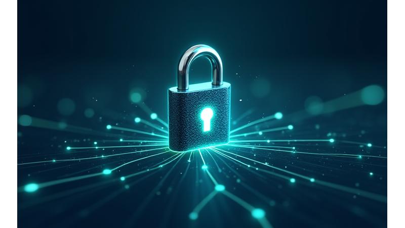Illustration of a stylized digital padlock surrounded by glowing lines, symbolizing strong data encryption and security protocols.