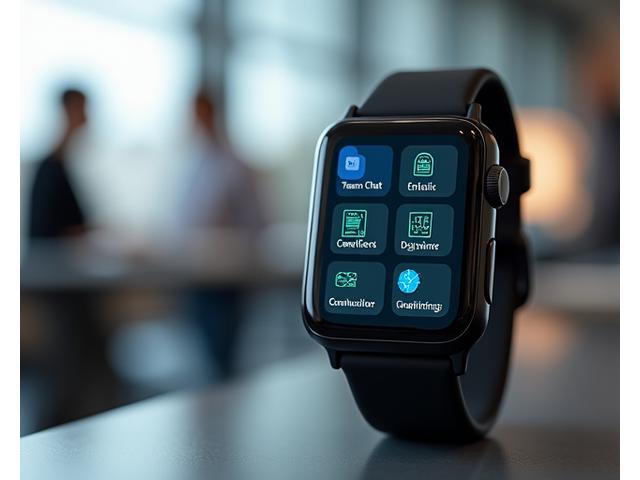 Smartwatch screen showing integrations with popular business apps like Microsoft Teams, Slack, and a calendar app