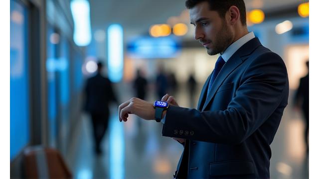 Businessman in Changi Airport checking flight details and calendar on his smartwatch