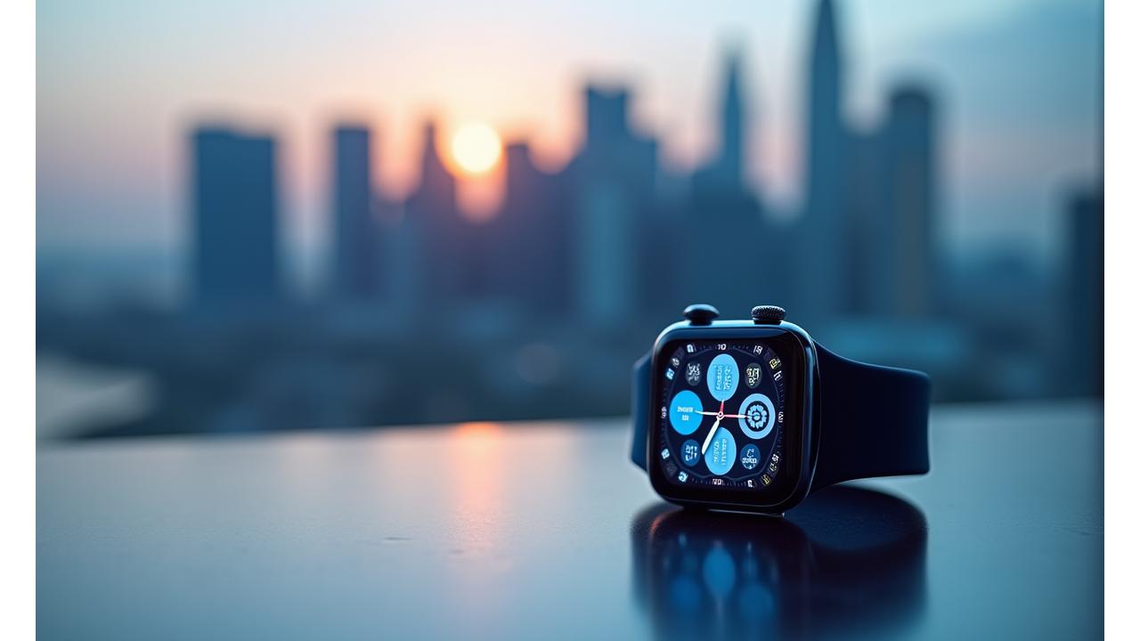 Modern smartwatch displaying a live productivity dashboard: calendar, tasks, and notifications, against a blurred background of the Singapore financial district