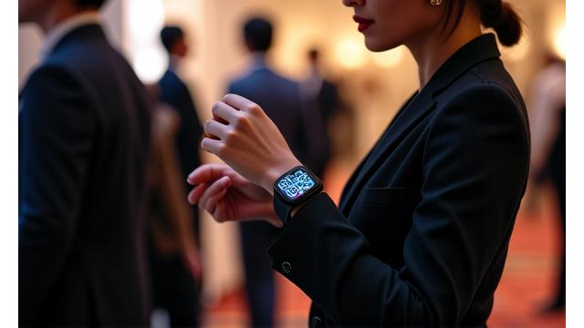 Professional at a networking event in Singapore, using her smartwatch to quickly save a new contact