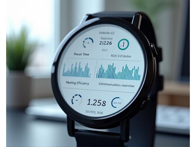 Smartwatch displaying detailed productivity analytics with charts for focus time, meeting efficiency, and communication patterns
