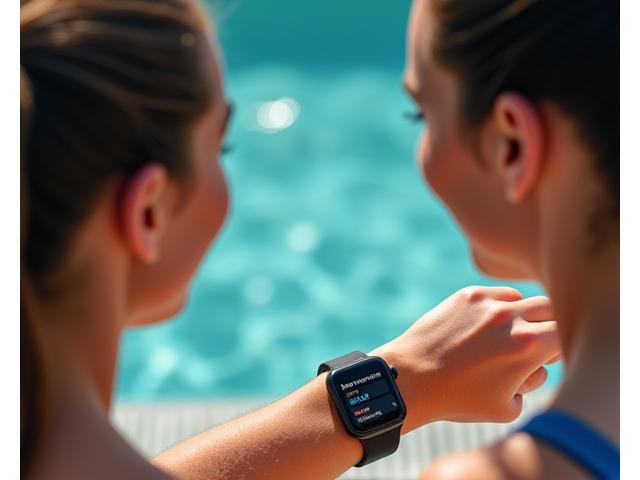 Friends celebrating swimming achievements on their smartwatches.