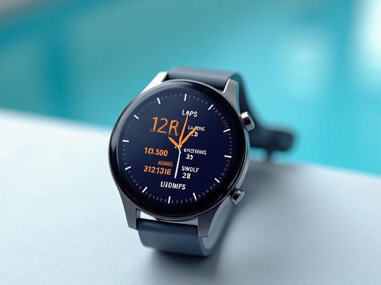 Smartwatch screen displaying swimming metrics: laps, distance, SWOLF score, and stroke rate during a swim.