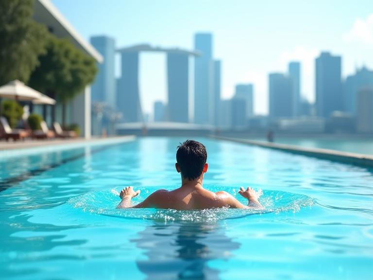 Smartwatch user swimming in an Olympic-size pool in Singapore, an iconic city skyline in the background.