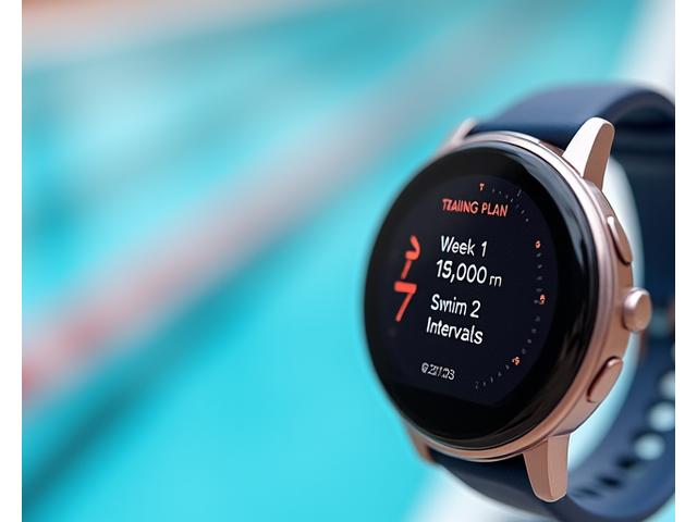 Smartwatch displaying structured swimming training plan.