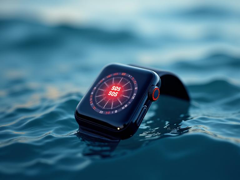 Smartwatch displaying a GPS map of an open water swim route with emergency beacon activated.