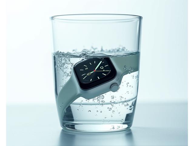 Smartwatch submerged in clear water, displaying an IP68 rating.