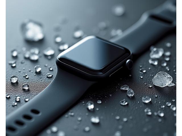 Detail shot of a smartwatch dial, with water droplets, signifying resistance to specific chemicals.