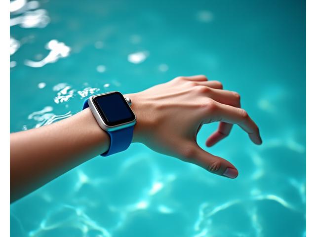 Hand pressing a physical button on a smartwatch underwater.
