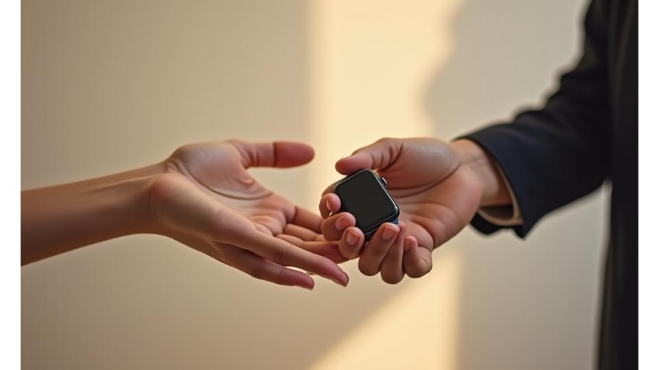 Stylized hands reaching out, one holding a smartwatch, symbolizing support and connection